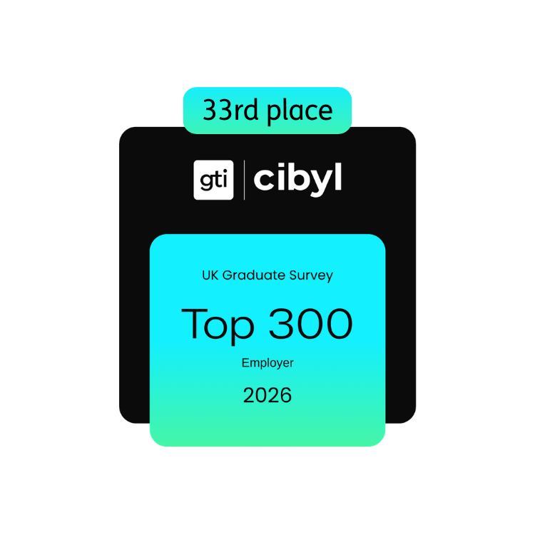 Image of text: 33rd Place, gti cibyl, UK graduate survey, Top 300, Employer 2026.