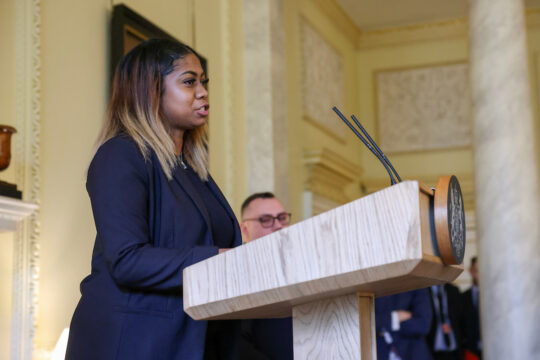 Image of a care leaver intern speaking at an event at No 10 Downing Street to celebrate national care leavers week