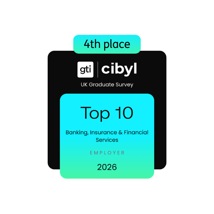 Image of text: 4th Place, gti cibyl, UK graduate survey, Top 10, banking, insurance, financial services, Employer 2026.