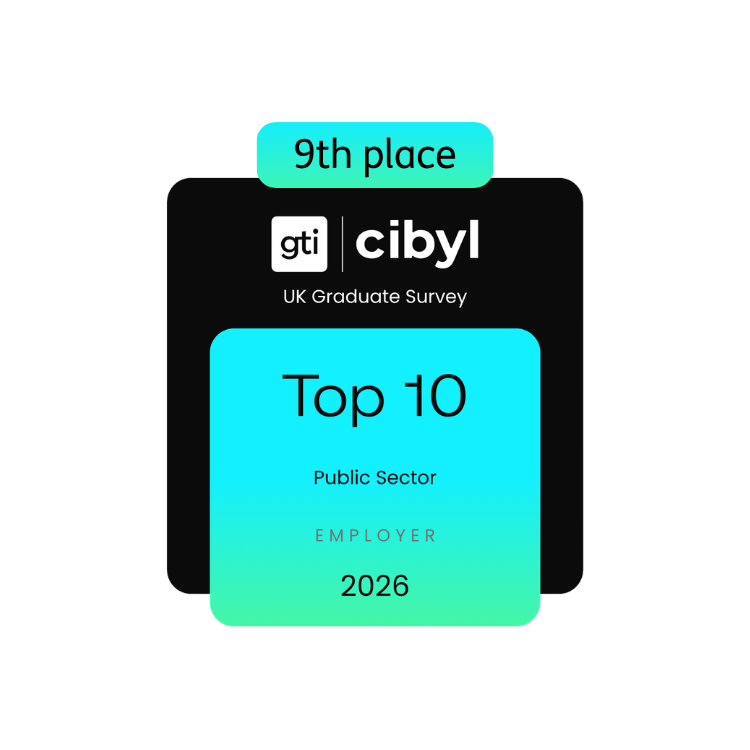 Image of text: 9th Place, gti cibyl, UK graduate survey, Top 10, Public sector, Employer 2026.