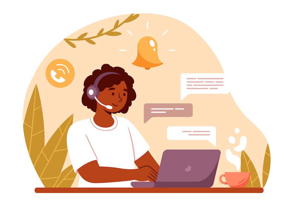 illustration of a person working on a laptop, with a headset connected. message bubbles pop up around then