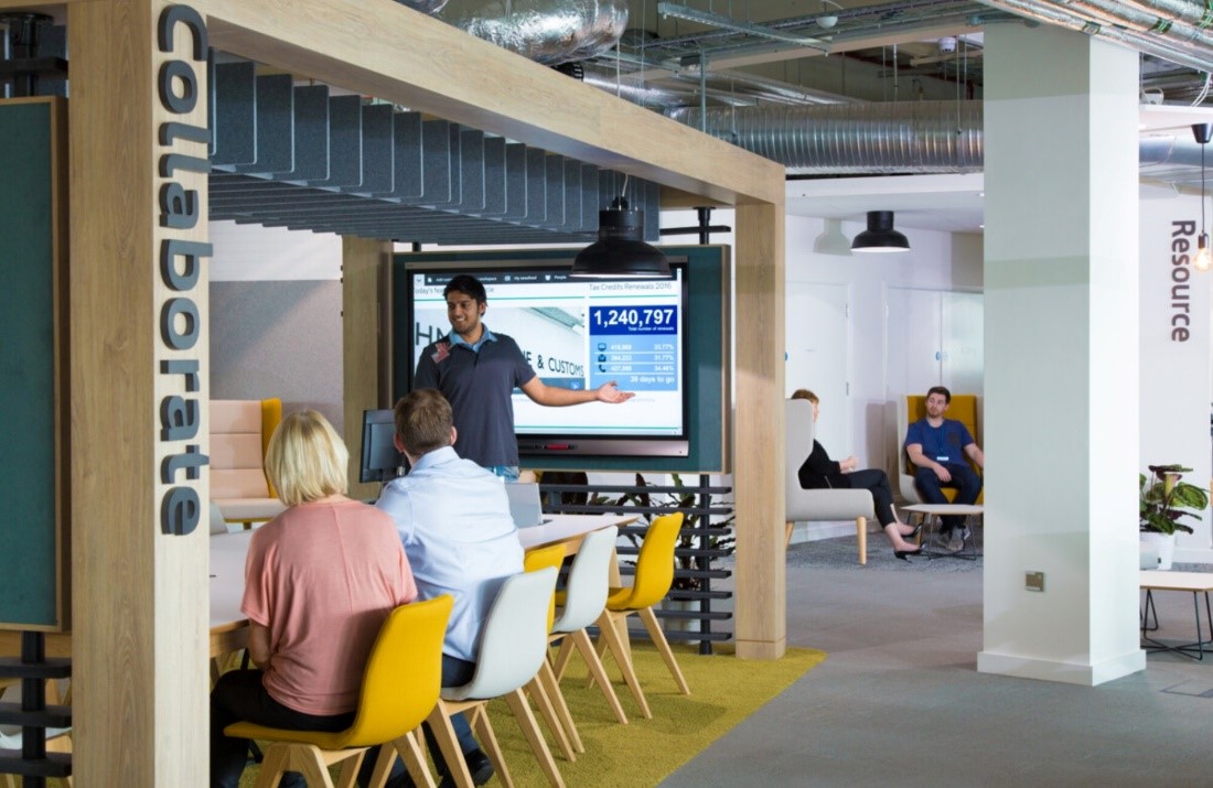 Group of people sitting at a large table in an office, looking at a white board. There is a man standing beside the whiteboard giving a presentation