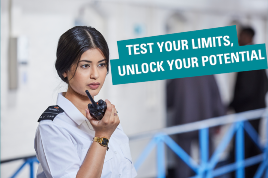 A prison officer talks into a radio. A tagline across the image says "Test your limits, unlock your potential"