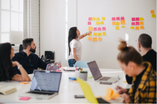 An Agile Delivery team sticking notes to a board, as part of a prioritising exercise