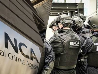 A collage showing the NCA sign outside of their building, and a group of NCA officers in uniform, including helmets and protective vests.