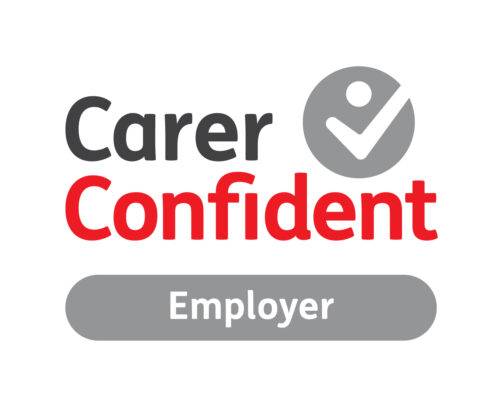 Image of the Carer Confident Employer logo which has a white background with black red and grey text and a grey circle with a white tick and dot in the top right.