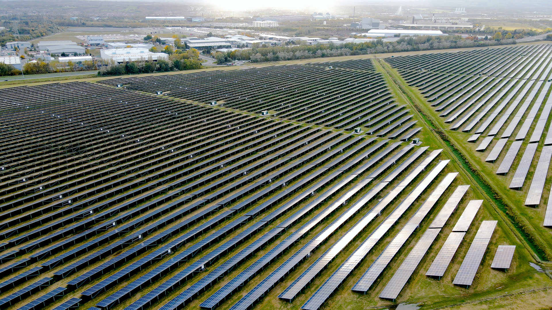 Aerial view of a large Solar Farm.