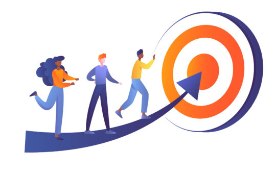 illustration of 3 people walking up an arrow directed towards the centre of a target board