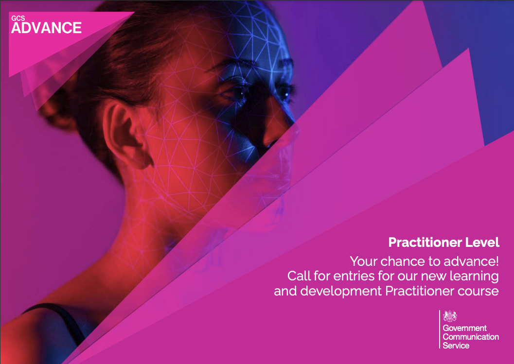 Infographic showing a woman's face in pink and purple tones. The text reads "Practitioner level. Your chance to advance! Call for entries for our new learning and development Practitioner course.