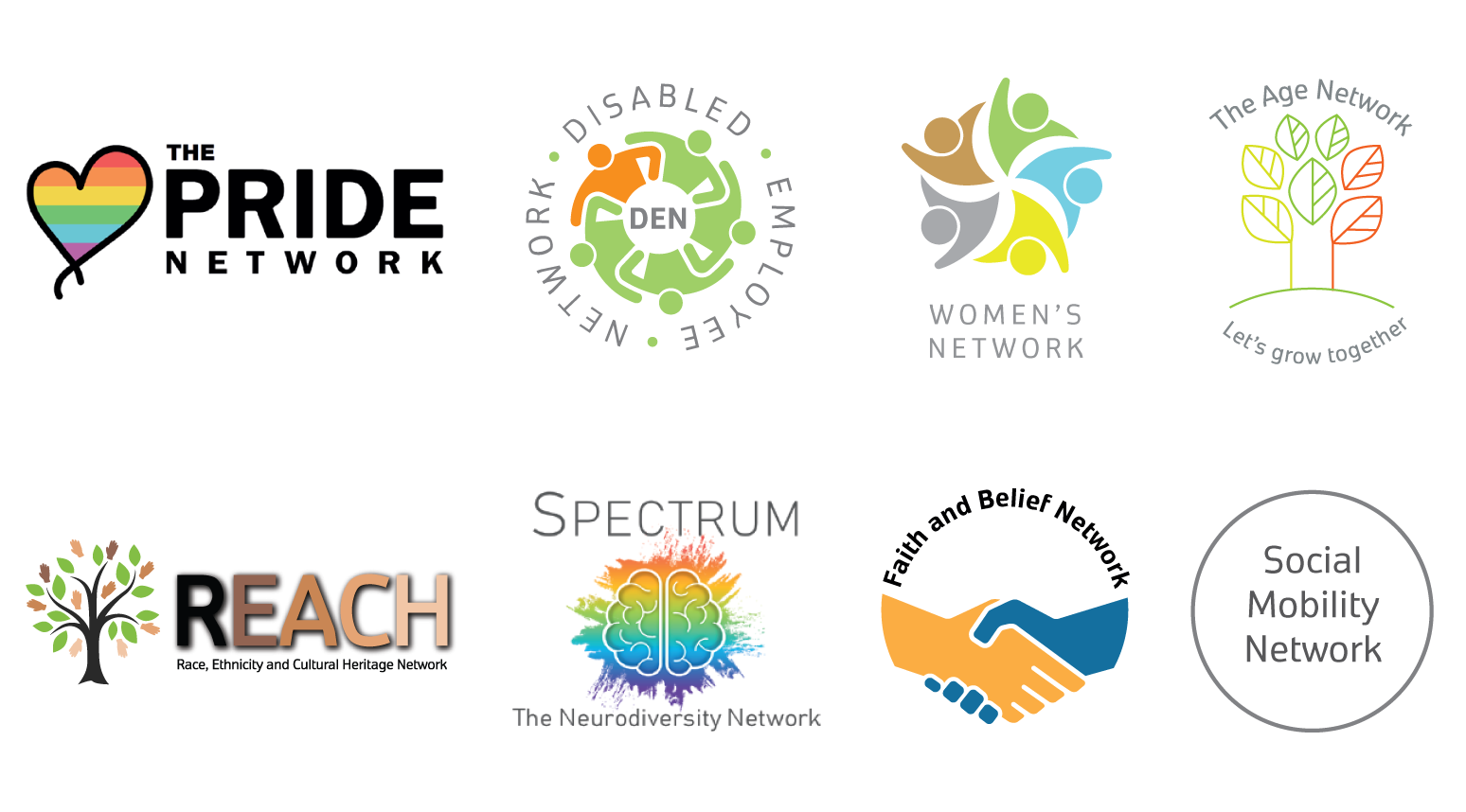 An image showing the logos of HM Land Registry's staff networks which are

Disabled Employee Network (DEN) including the Carers network

REACH (Race, Equality and Cultural Heritage)

The Pride Network (staff network for sexual orientation and gender identity)

Women’s Network

The Age Network

Faith and Belief Network

Social Mobility Network

Spectrum (staff network for neurodiversity)