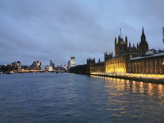 Photo of the Houses of Parliament, taken at twilight, from the river