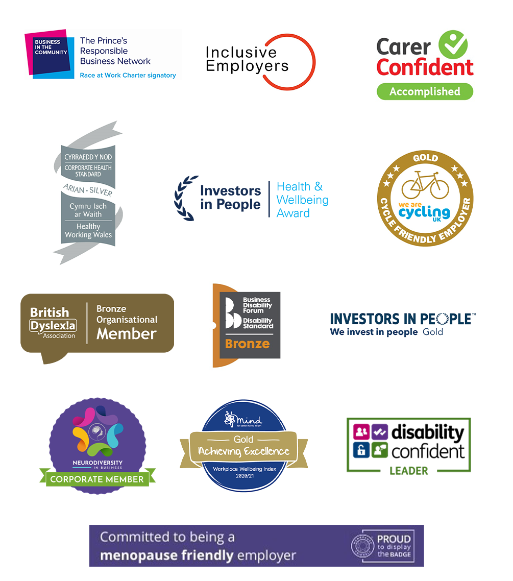 A selection of logos showing IPO's memberships, including Disability Confident, British Dyslexia Association, and Committed to Being a Menopause Friendly Employer