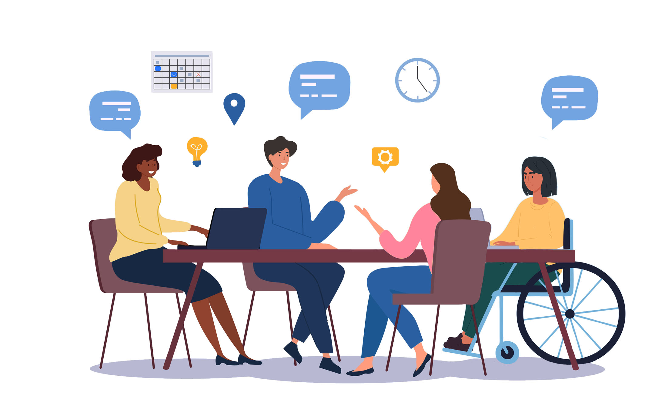 Reasonable adjustments illustration of a group of colleagues sat around a table, items such as message bubbles, clocks, calendars and location pins float above heir heads
