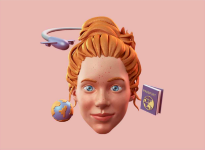 Graphic showing an avatar of a woman, with travel-related items in the background, such as a plane