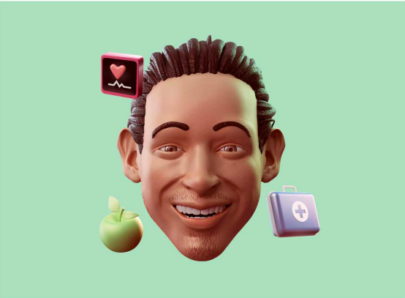 Graphic of an avatar head with health related items in the background, such as a heart monitor