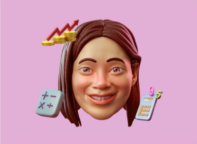 Graphic of an avatar head with mathematical related items in the background, such as a calculator