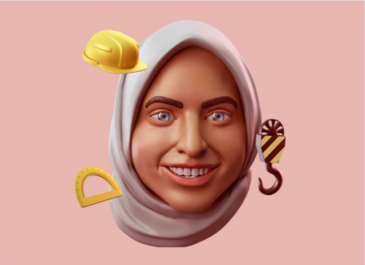 Graphic image of a female avatar with construction-related items in the background, such as a hardhat.