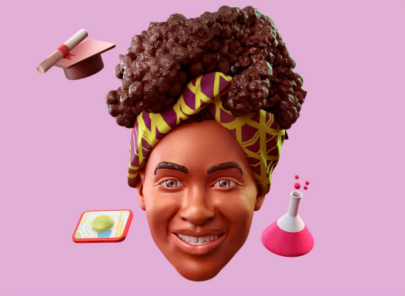 Graphic showing an avatar head with education items in the background, like a mortar board hat and scroll.