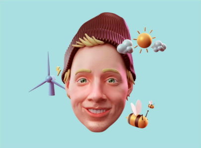 Graphic image of a male avatar head with environment-related items in the background, such as a windmill and a bee