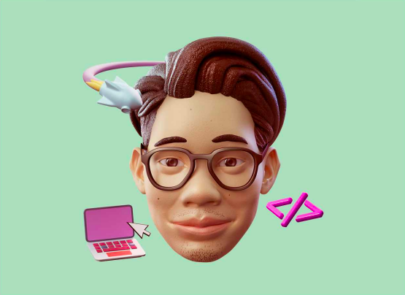 Graphic image of a male avatar with scientific items in the background, such as a laptop and a rocket