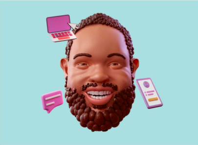 Graphic of an avatar head with technology related items in the background, such as a laptop