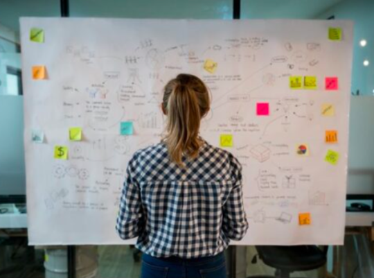 Decorative image: A Civil Servant in front of a whiteboard, reviewing the information written there, which is the outcome of a workshop.