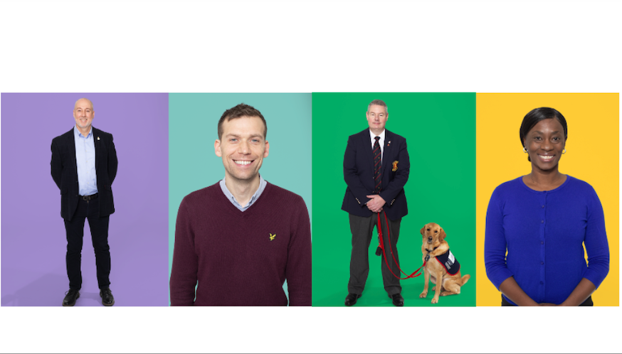 Decorative image: Four veterans smiling, each has a different colour background, and one person has a guide dog.