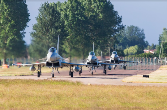 A queue of Typhoon FGR4 jets, based at RAF Coningsby in the East Midlands
