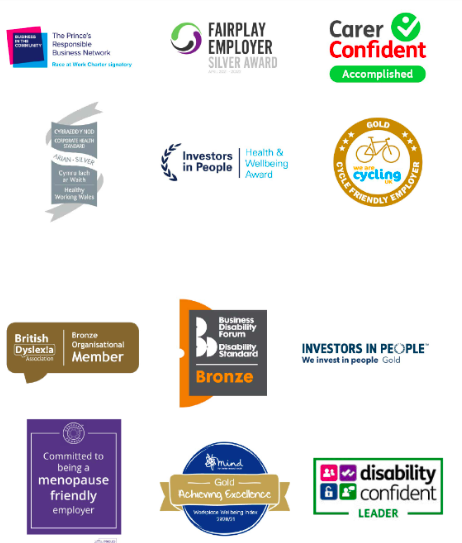 A selection of logos showing IPO's memberships, including Disability Confident, British Dyslexia Association, and Committed to Being a Menopause Friendly Employer