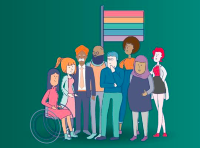 Graphic showing a group of people standing, and one person using a wheelchair. All are under a pride flag.