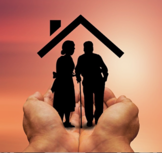 Graphic showing an image of an elderly couple, cupped in a large pair of hands, with a roof drawn over their heads.