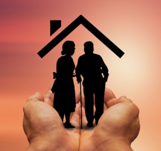Graphic of an elderly couple, cupped in a large pair of hands, with a roof drawn over their heads.