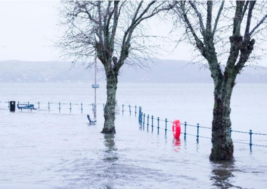 Decorative image: flooded coastline, with a bench half submerged and the top of railings just visible