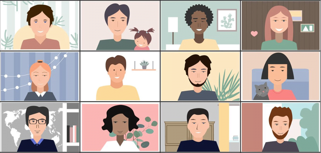Decorative image: a set of tiles with graphics showing people on a video call screen