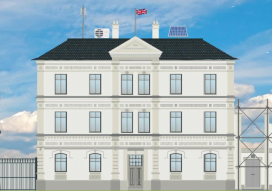 Decorative image: A graphic showing a large white building flying a Union flag