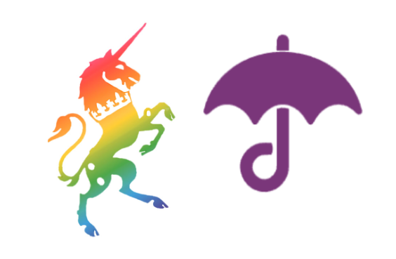 Two logos, one is the unicorn from HM Government's crest with a rainbow overlay, and one is a purple umbrella used in the A-Gender logo