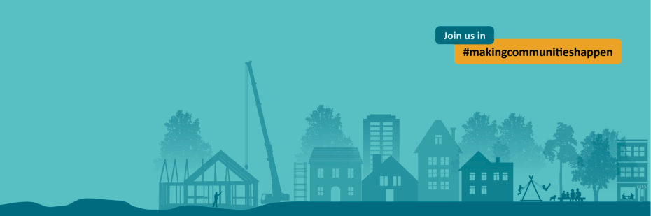 Teal coloured graphic showing an illustration of a city skyline
