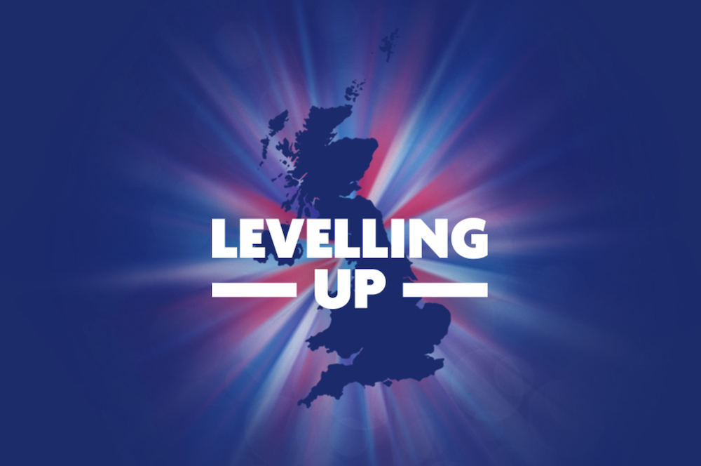 The text "Levelling up" is layed across a graphic design of a map of the UK