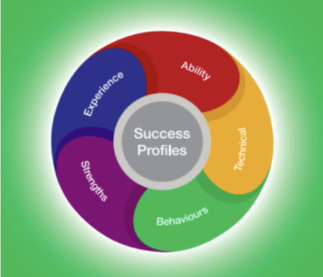 Image of a circle reading 'Success profiles' enclosed within a multicolored ring of the separate success profile titles.