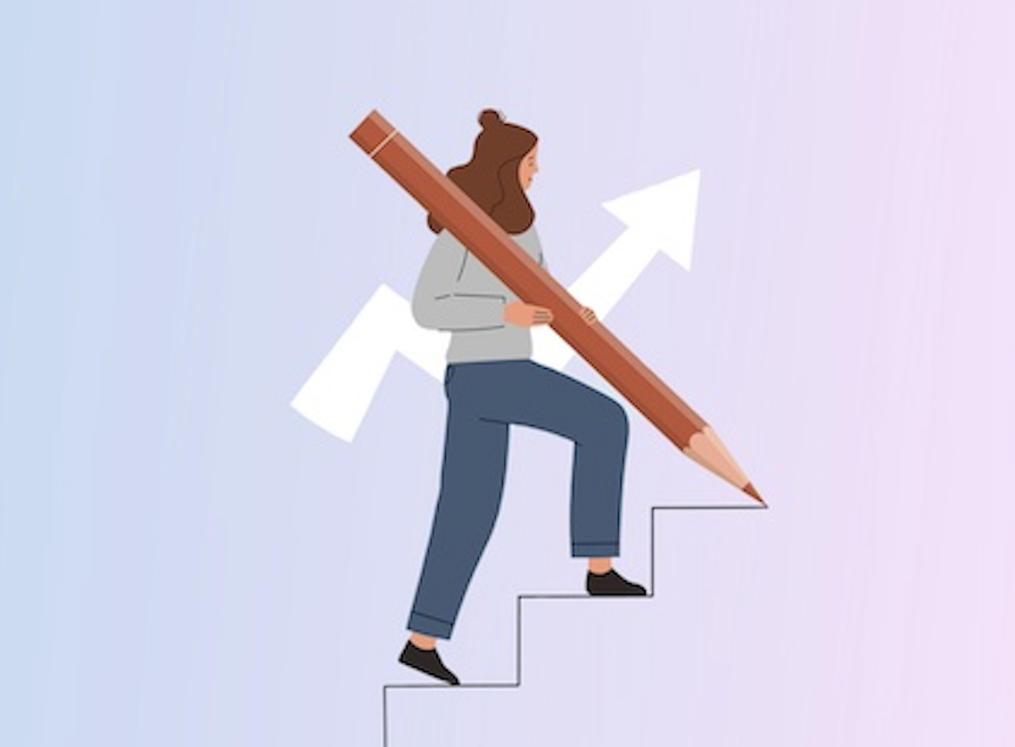 Illustration of a woman walking up stairs that she draws herself