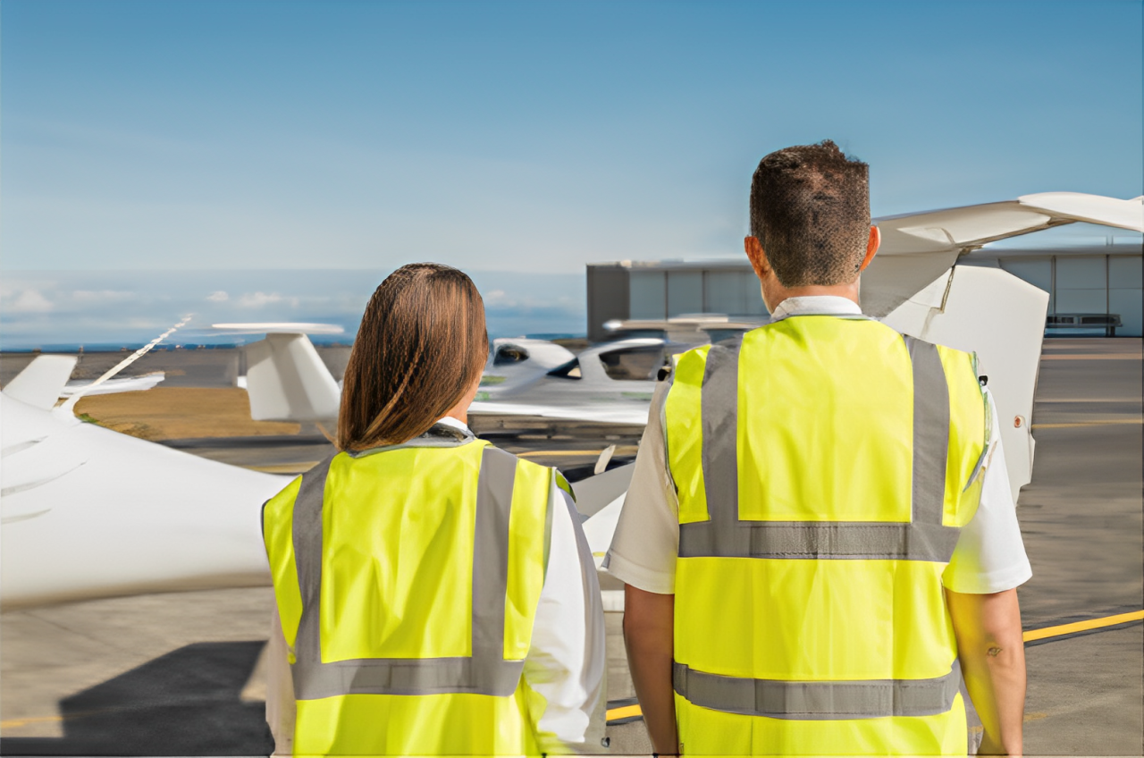 A man and woman outside at an airport. They are facing away from the camera and wearing hi-vis vests. There are several different types of aircraft in the background.