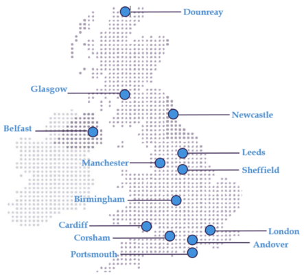 Map of the UK pointing to the following towns and cities; Dounreay, Glasgow, Newcastle, Belfast, Leeds, Manchester, Sheffield, Birmingham, Cardiff, London, Corsham, Andover, Portsmouth