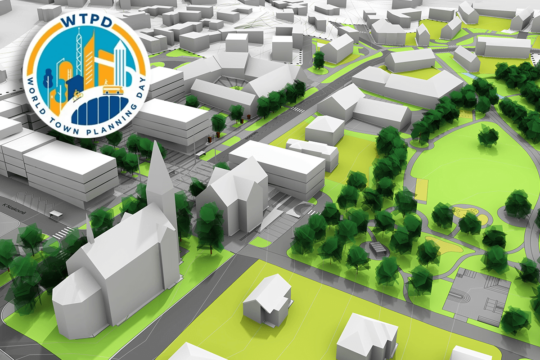 A town plan, featuring stylised block-like buildings.