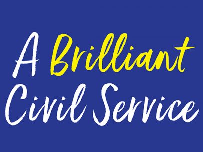 Decorative image: Text within image reads "A Brilliant Civil Service" in white lettering on a navy blue background