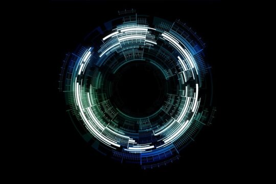 Dark image with servers lit up in a circle