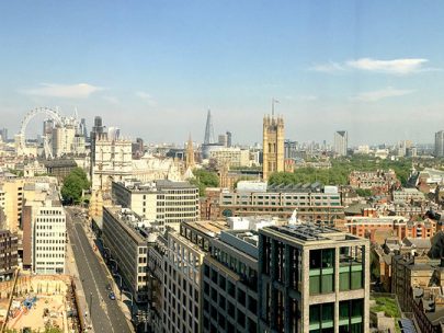 A photo of the London skyline on a clear bright day.