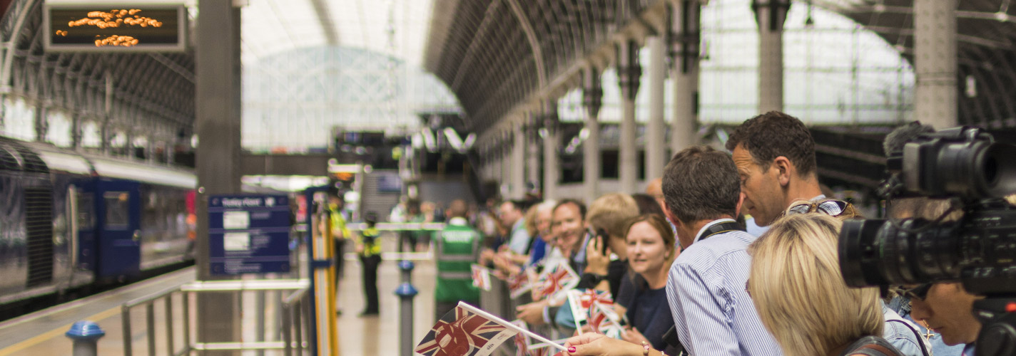 Photo of groups of supporters at the Rail Opening at Paddington Station