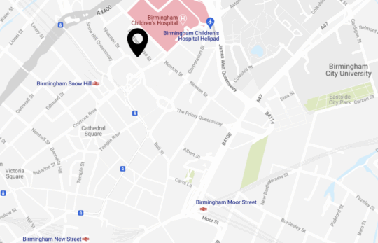 An image of a map of birmingham with a location pin at the office address. The pin is close to birmingham children's hospital and Birmingham Snow Hill station