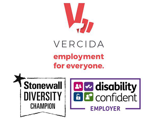 Infographic showing three scheme logos: Disability Confident Employer scheme, Stonewall diversity champion scheme, and the vercida Employment for Everyone scheme