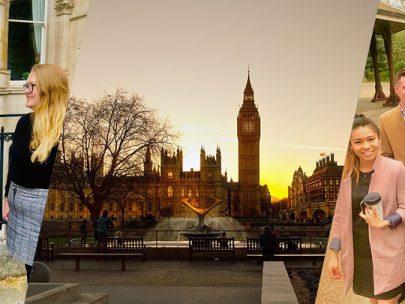 Collage showing West Minster in the early evening, and civil servants chatting and having coffee together